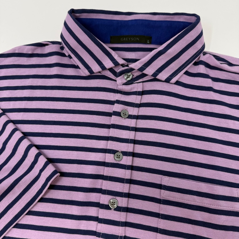 Greyson Mens Large Purple Navy Striped Pima Cotton Modal Stretch Polo Shirt